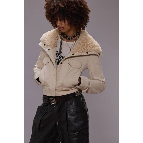 R13 High Neck Trucker Jacket in Ecru Stretch L - Picture 1 of 4